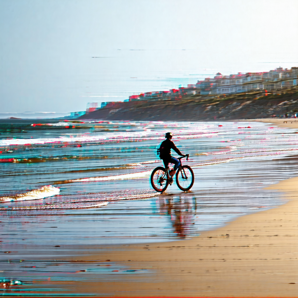 Man riding a bicycle on a beach