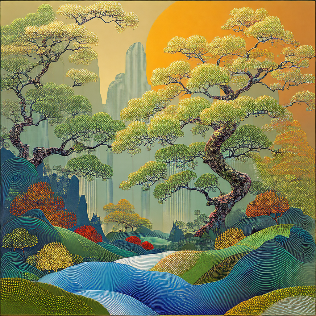 Painting of a forest with a large tree in the center