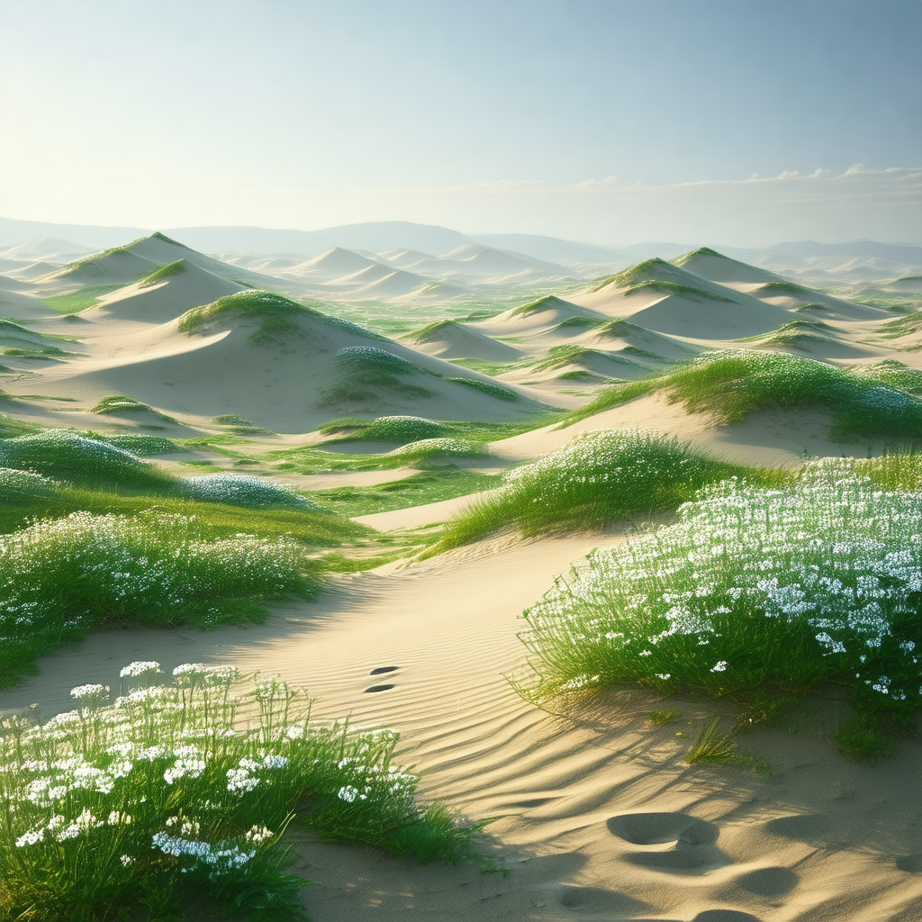 Vast, sandy desert landscape with a few small hills scatt...