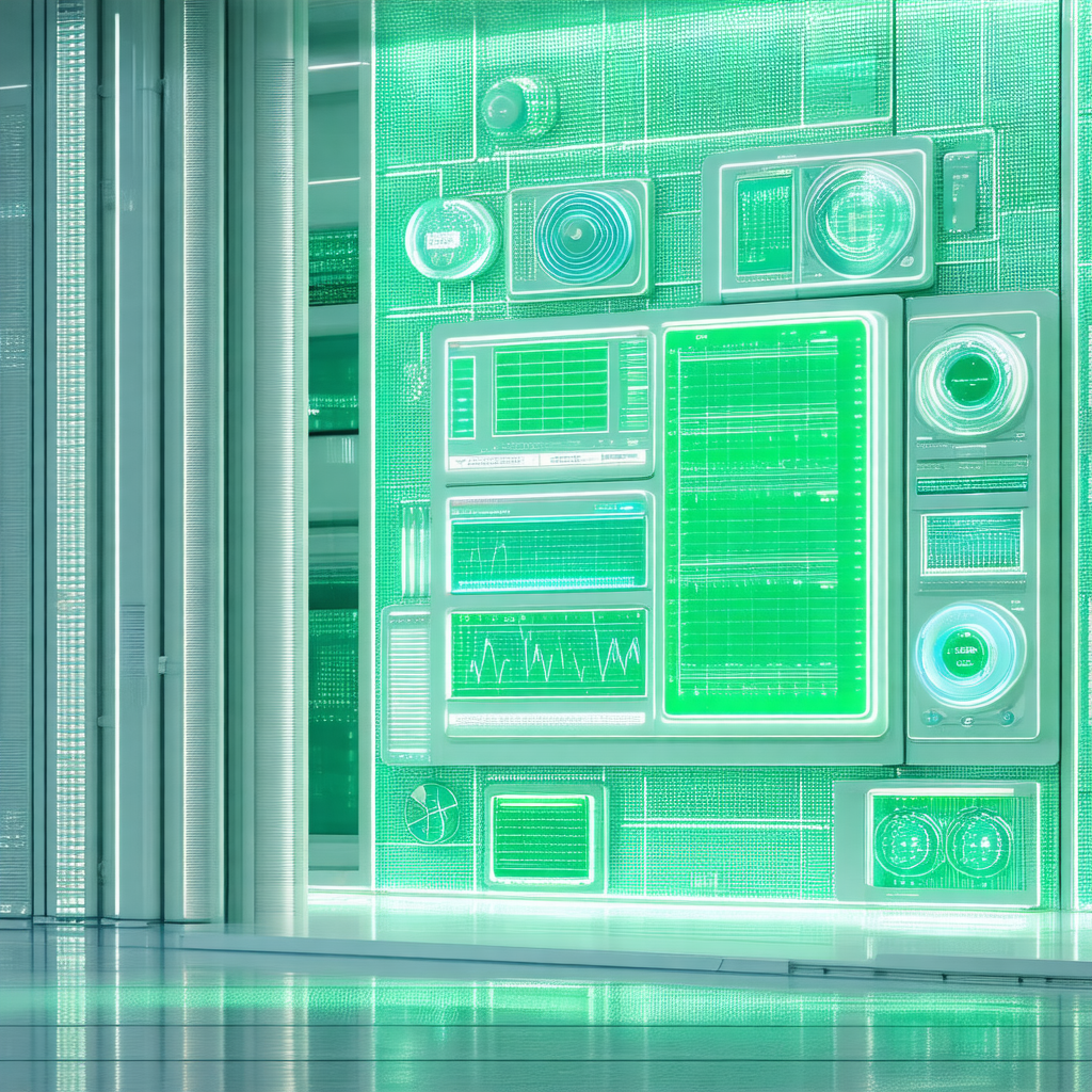 Large, green, glowing wall with various electronic device...
