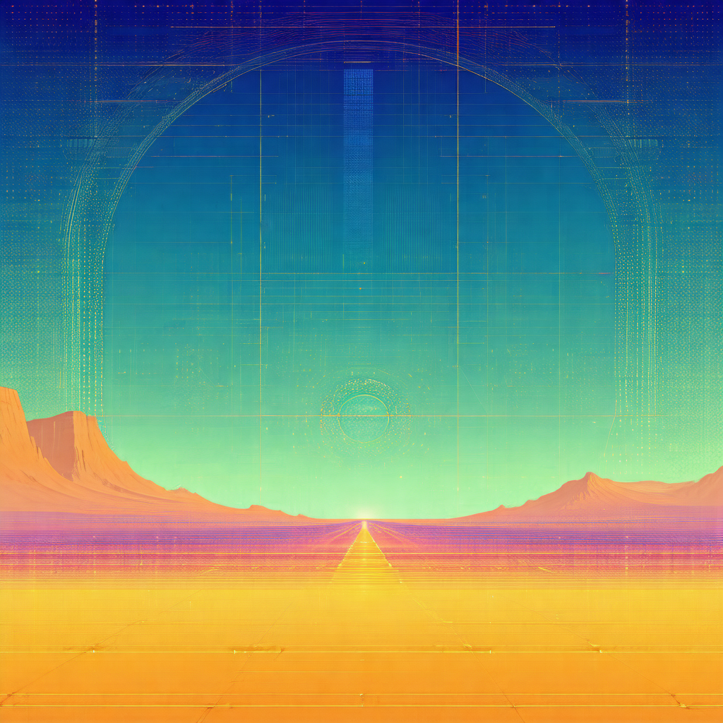 Futuristic painting of a desert landscape with a yellow r...