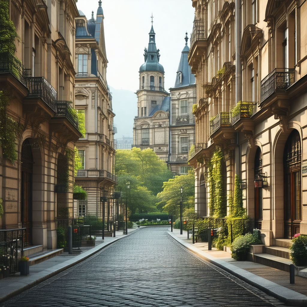 Narrow street in a city, lined with tall buildings on bot...