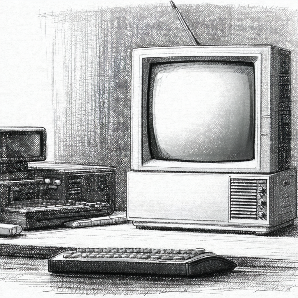 Black and white drawing of a computer setup