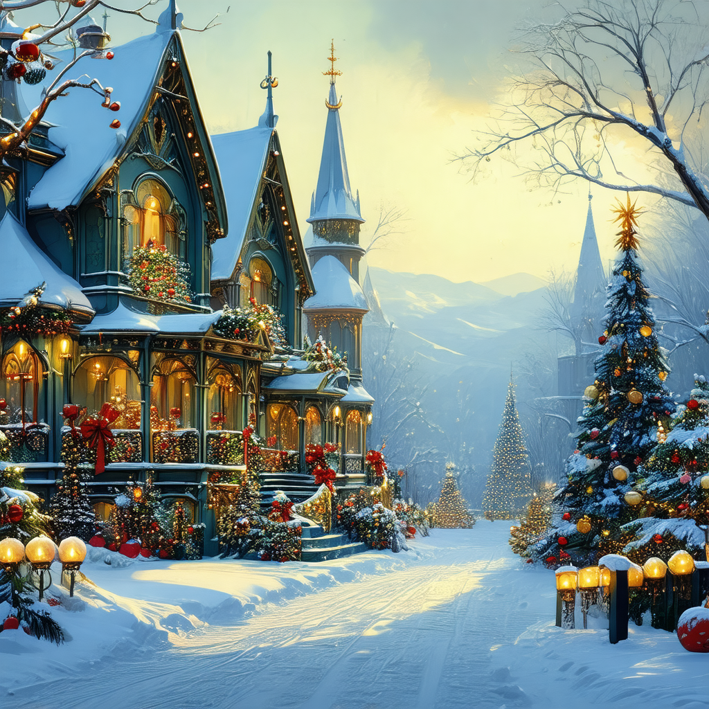 Snowy street lined with beautifully decorated houses