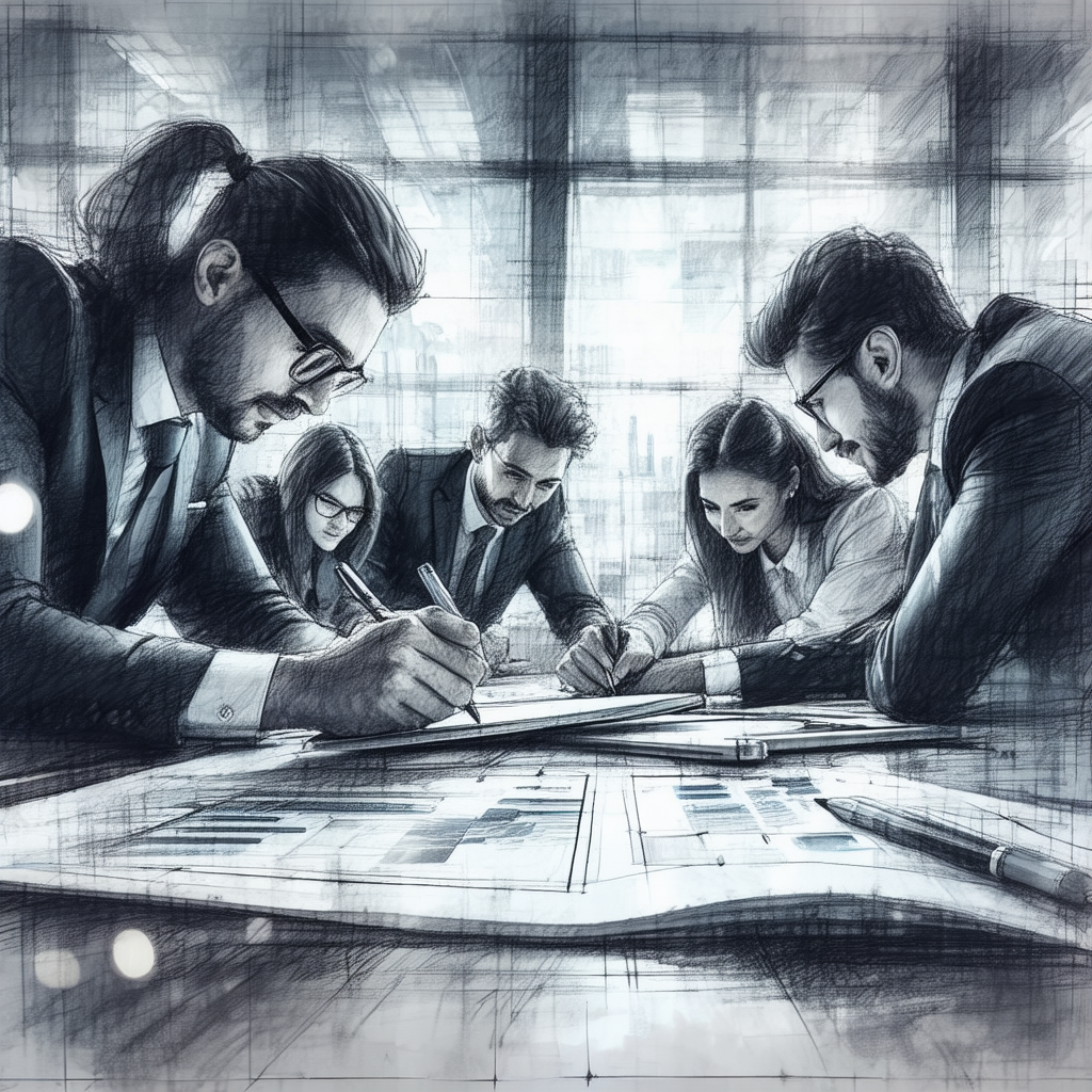 Group of people sitting around a table, working together ...
