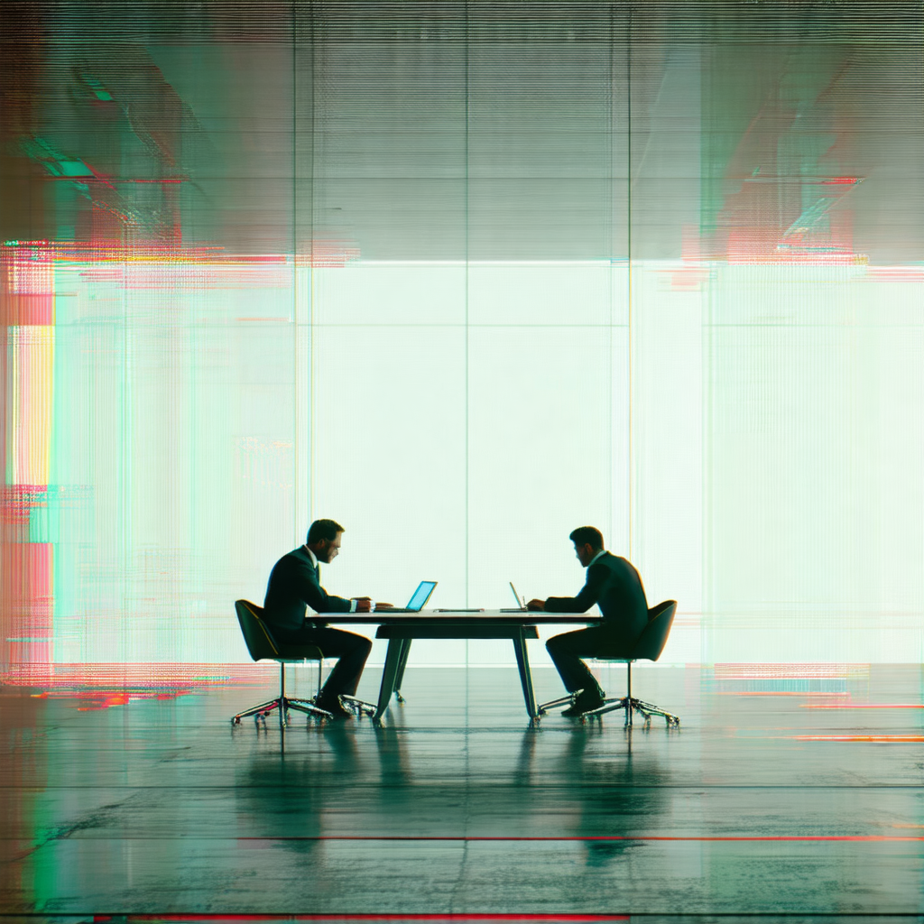 Two men sitting at a table in a room, each using a laptop