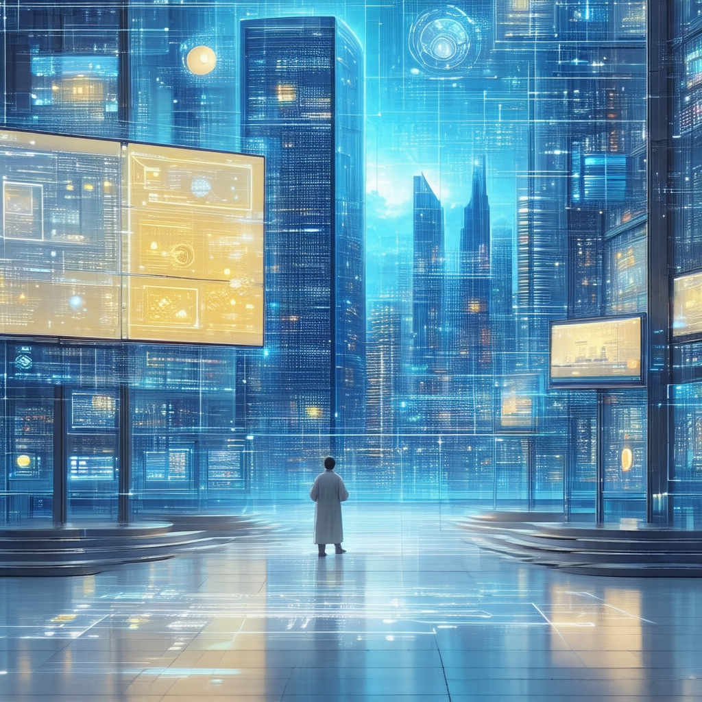 Futuristic cityscape with a man standing in the center of...