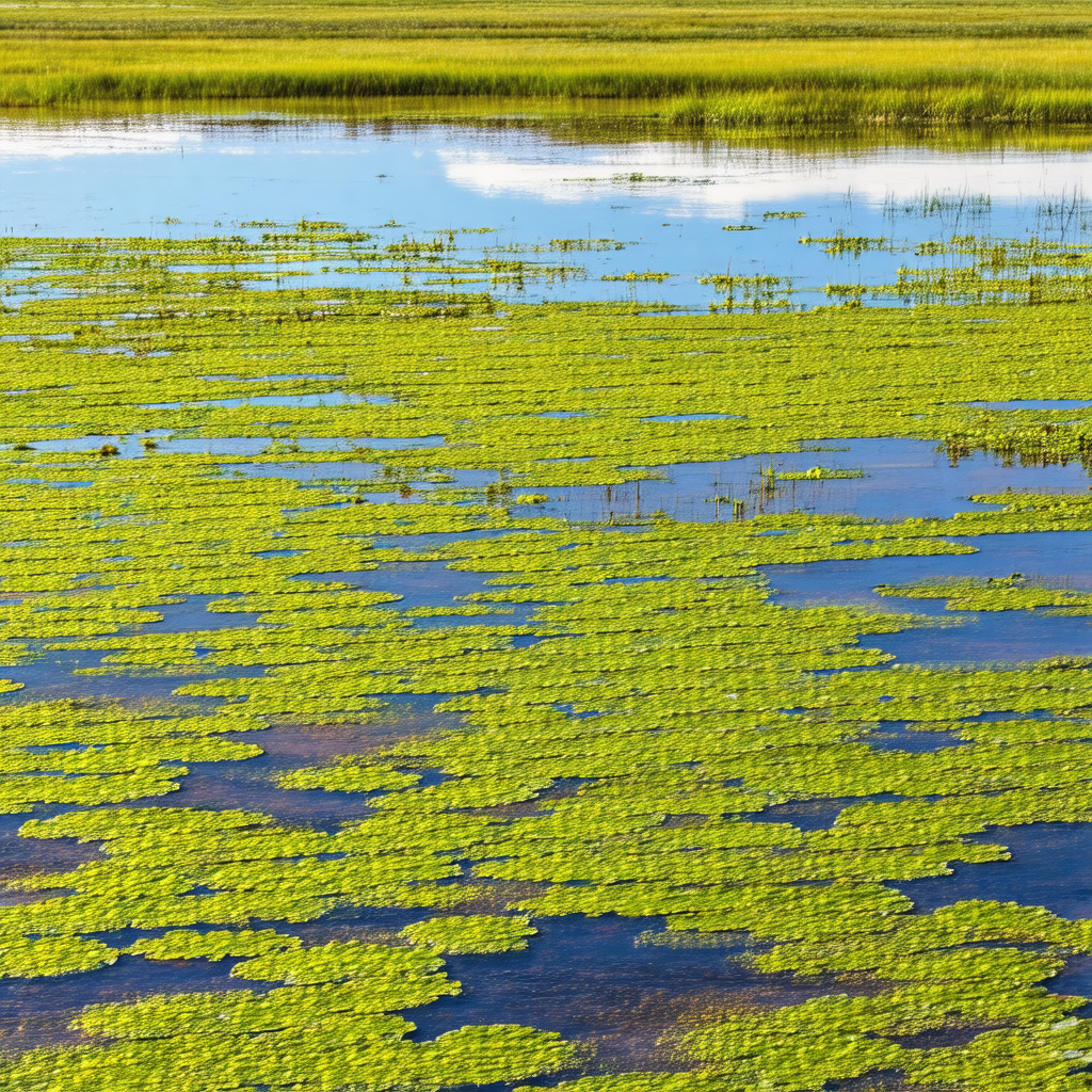 Large body of water with a green, lush, and algae-covered...