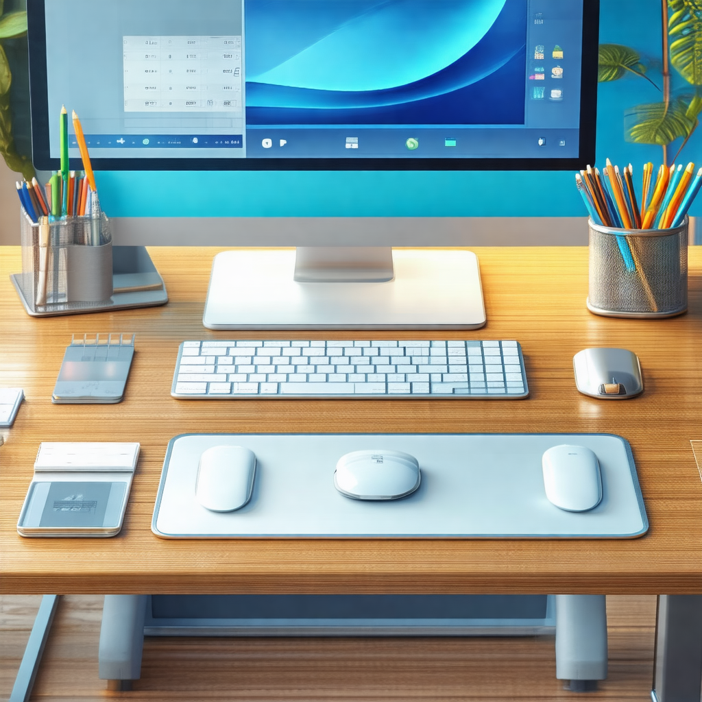 Wooden desk with a computer monitor and keyboard placed o...