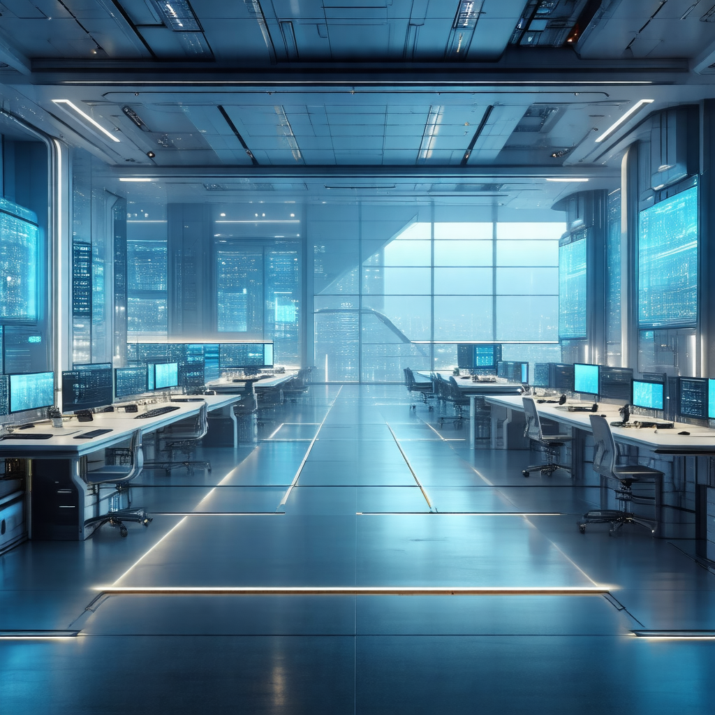 Large, modern computer room with a long row of desks and ...