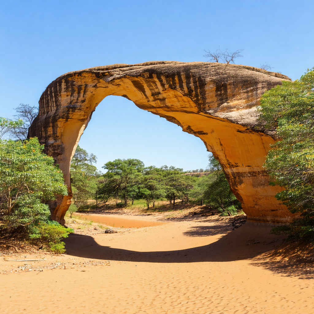 Large rock formation that resembles a bridge or an arch