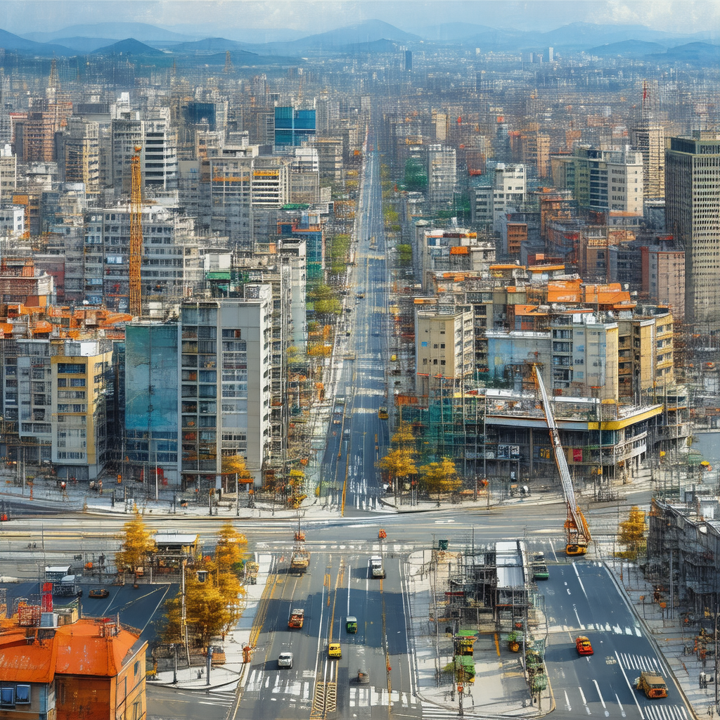 Painting of a city street with a large number of buildings