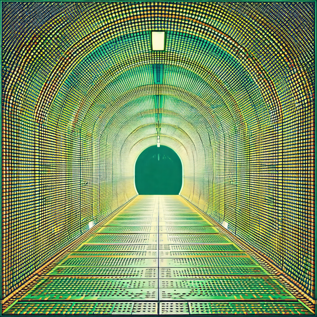 Tunnel with a bright green light illuminating the space
