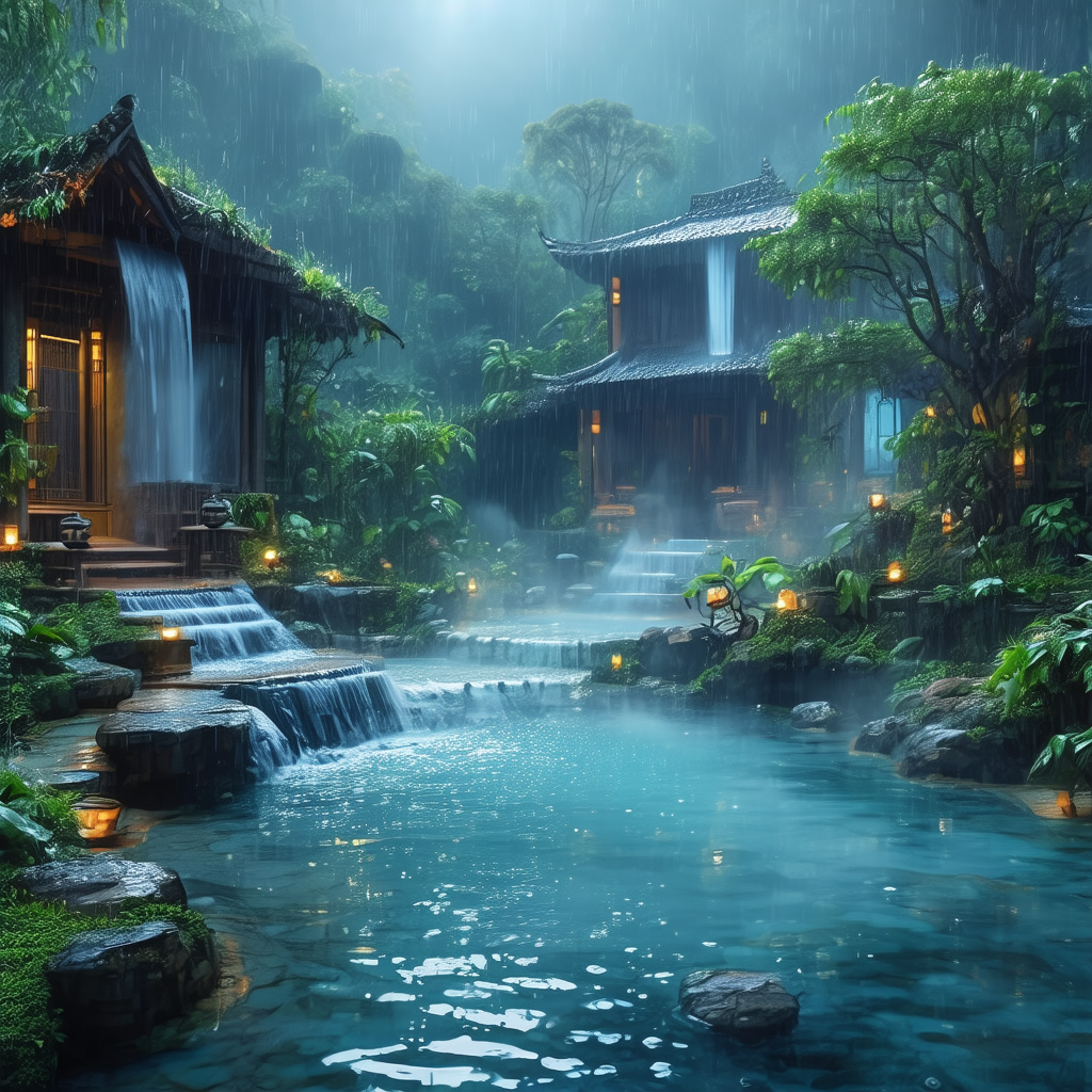 Serene scene of a waterfall surrounded by lush greenery