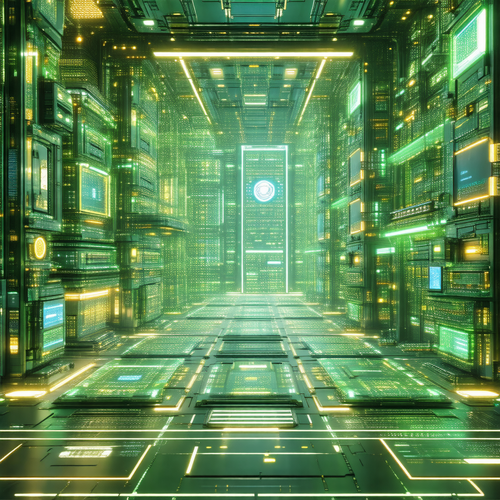 Futuristic, computer-generated scene featuring a large, m...