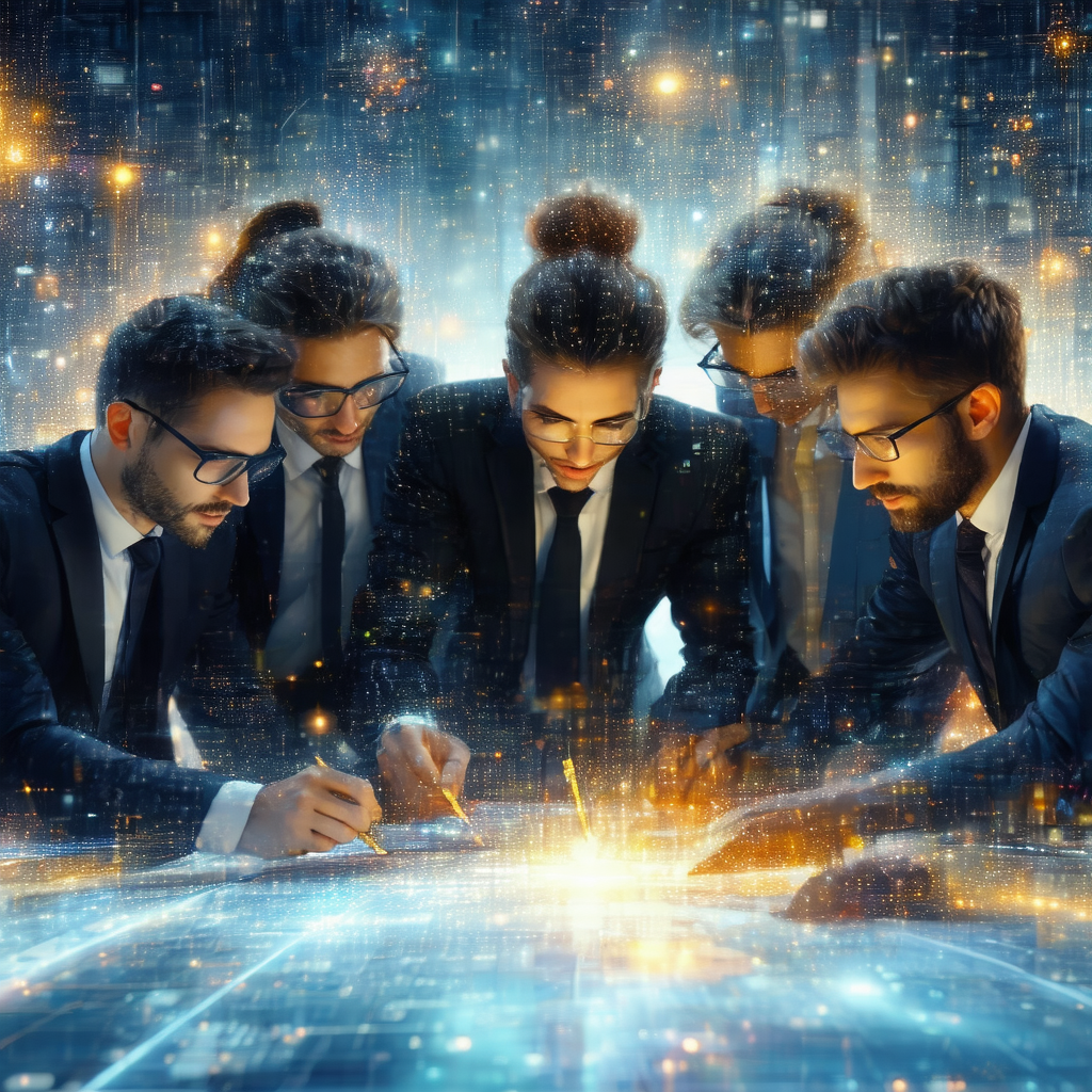 Group of five men wearing suits and glasses, all sitting ...