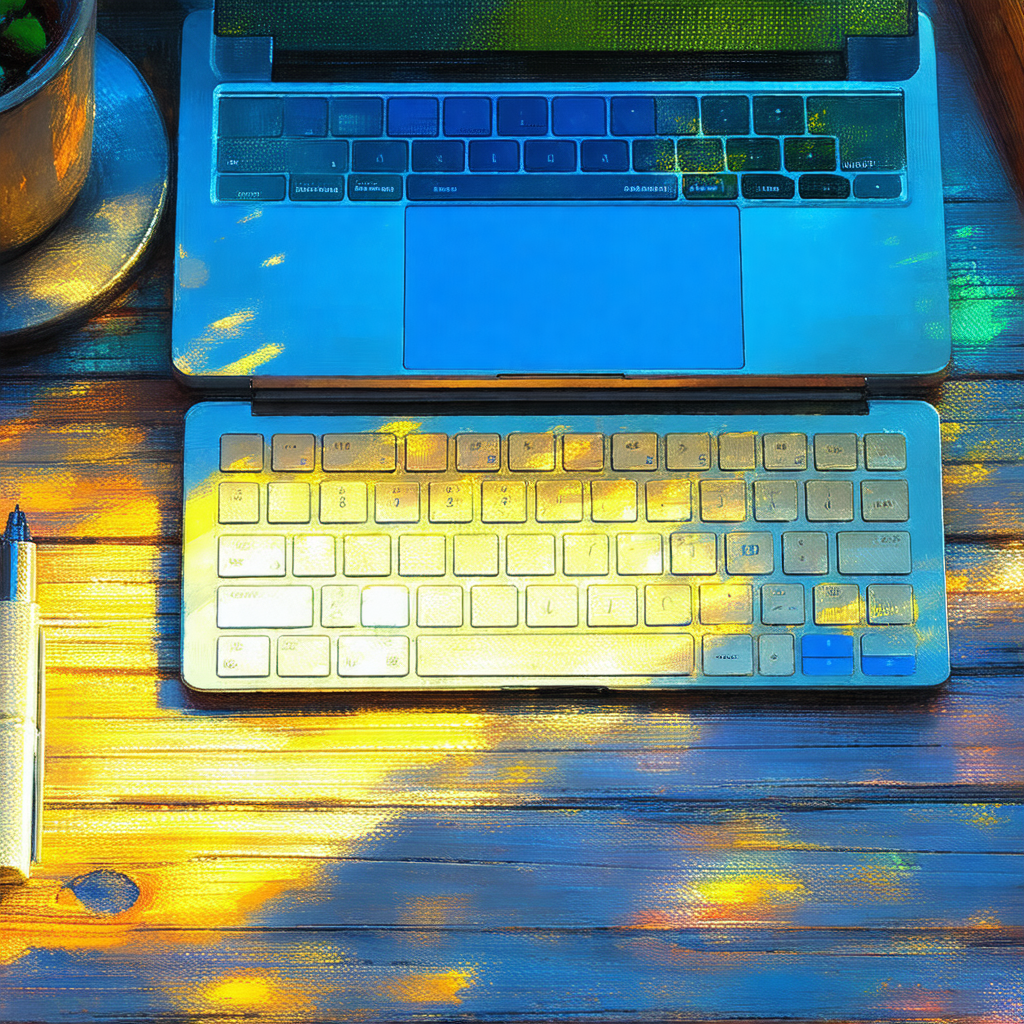 Wooden table with a laptop computer and a keyboard placed...