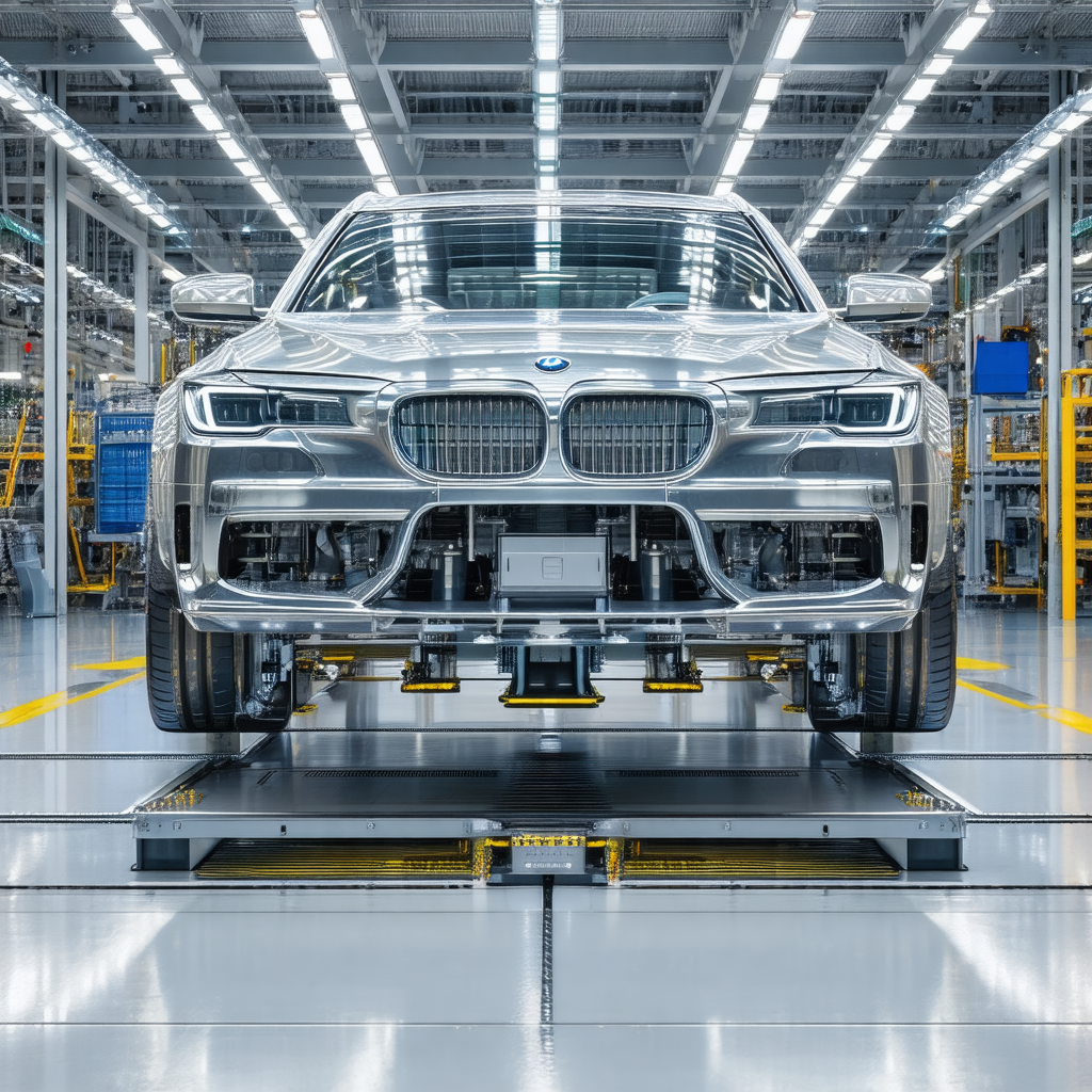 Silver bmw car parked in a factory setting