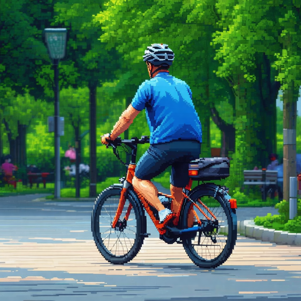 Cartoon-like drawing of a man riding a bicycle down a street