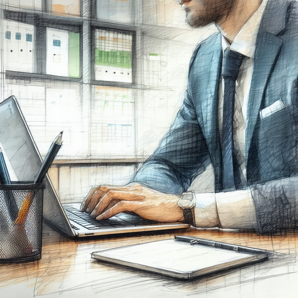 Man wearing a suit and tie, sitting at a desk and working...