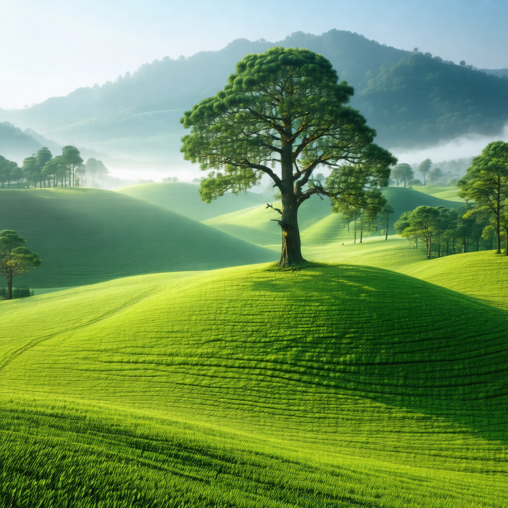 Lush green hillside with a large tree standing prominentl...