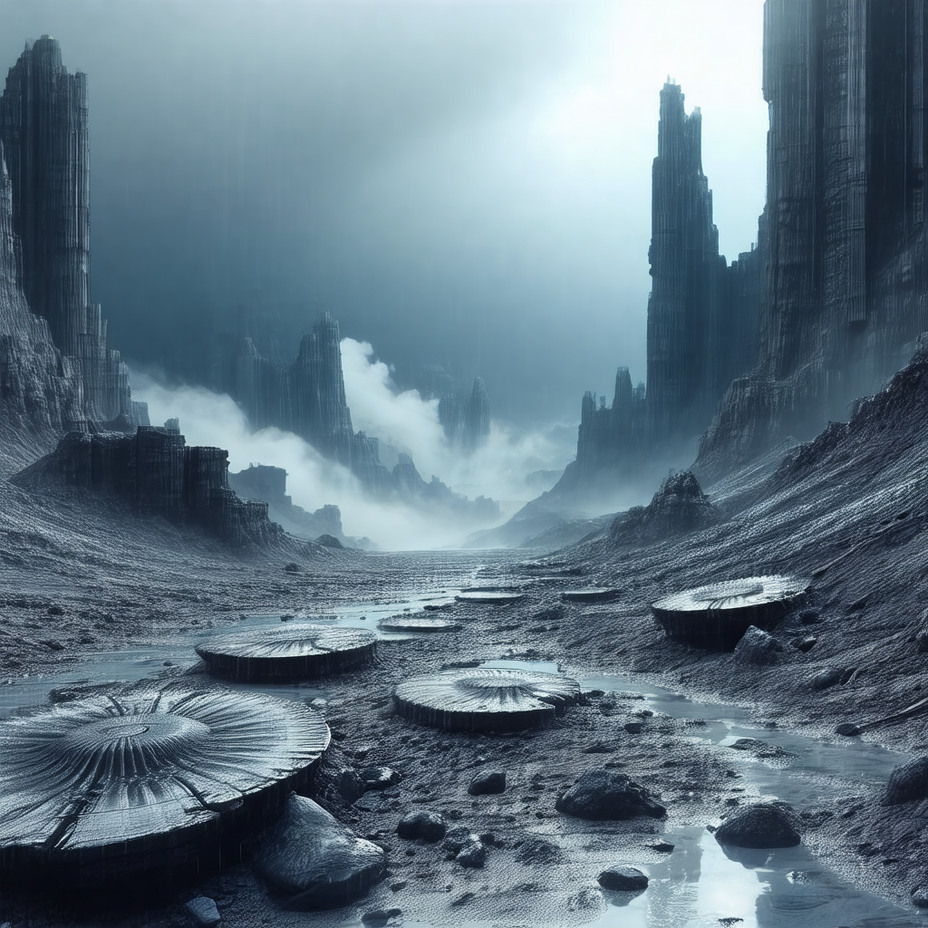 Futuristic landscape with a series of large, round, metal...