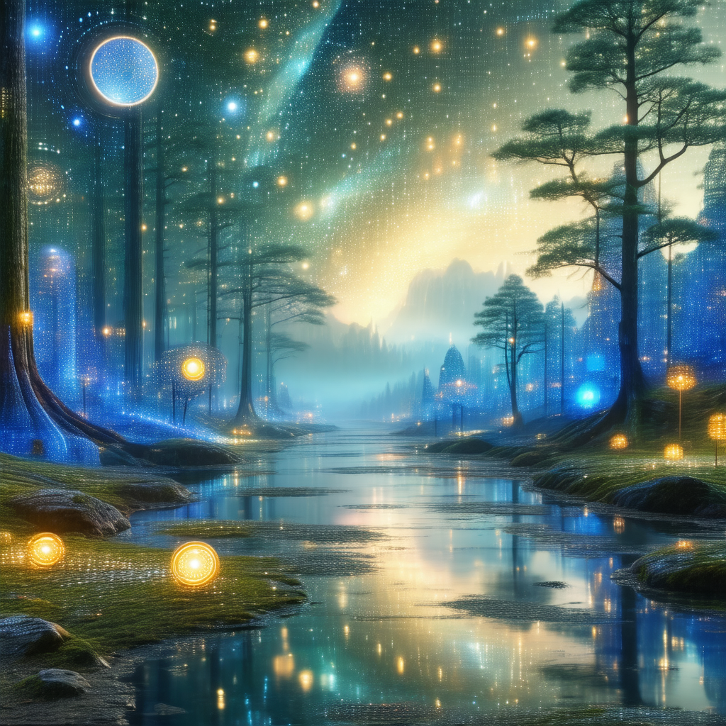 Beautifully drawn digital painting of a forest at night