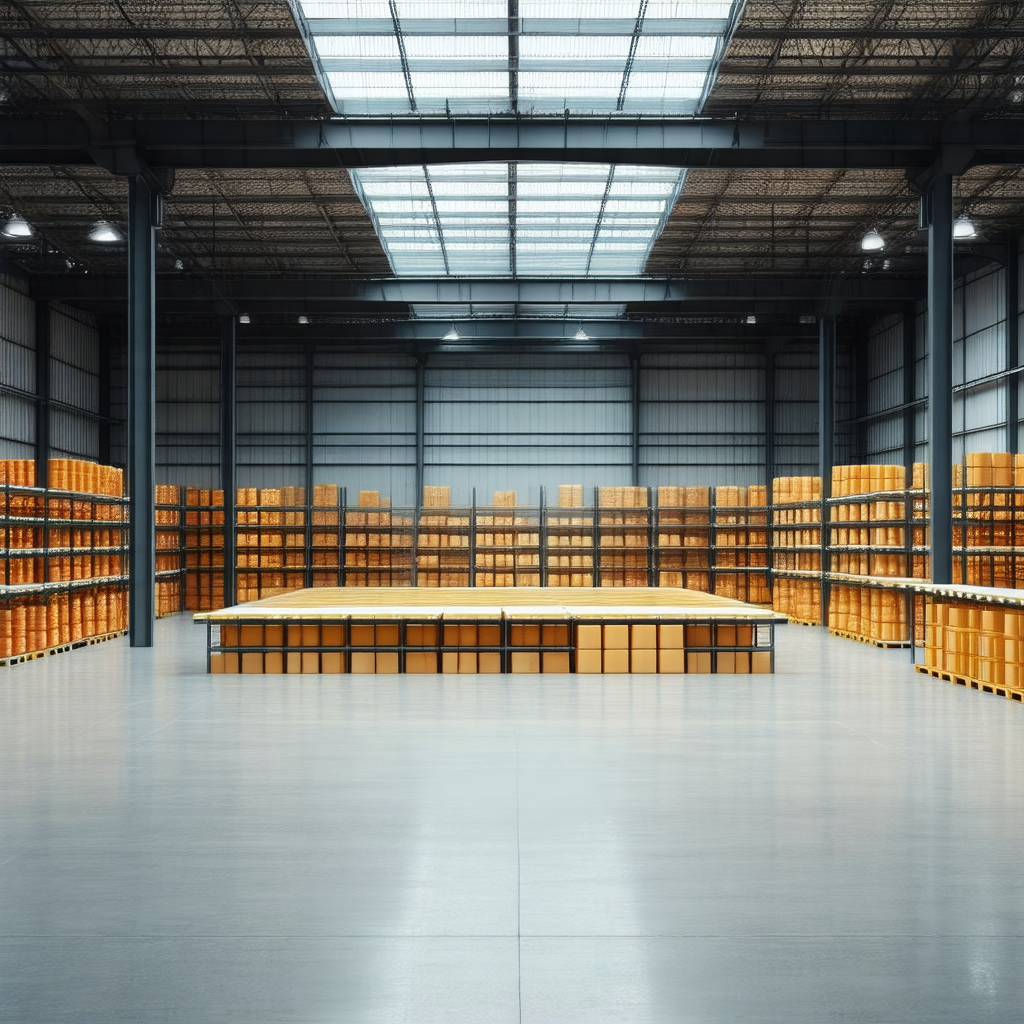Large warehouse with a wooden floor