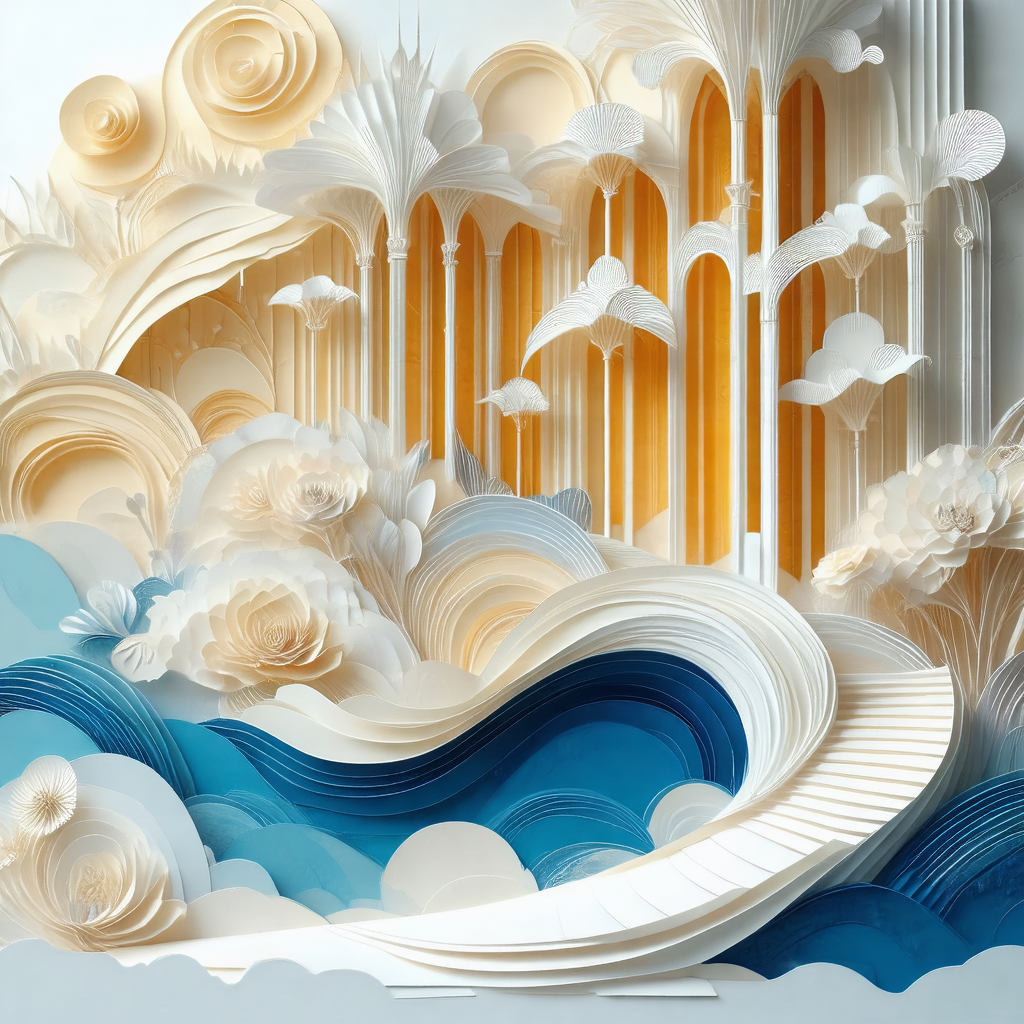 Large, intricate paper sculpture of a boat on a body of w...