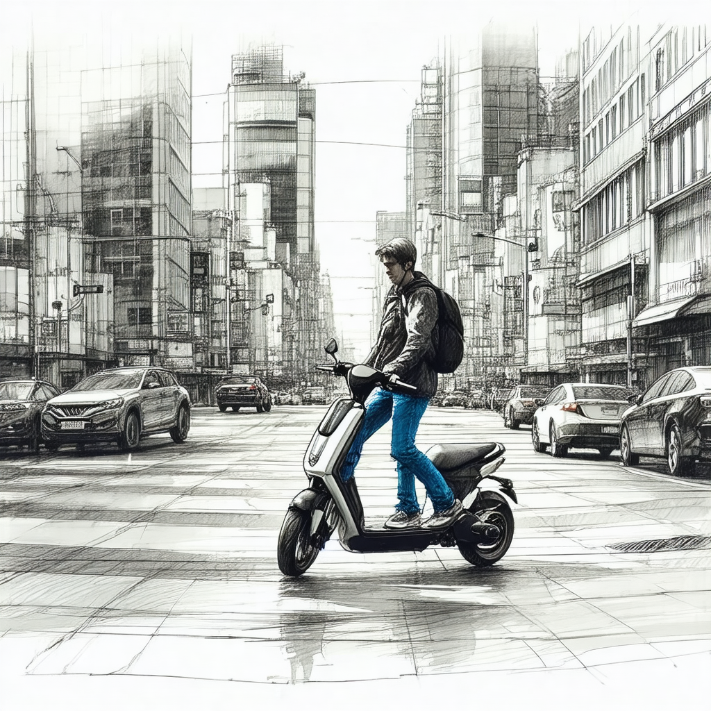 Black and white drawing of a man riding a motor scooter d...