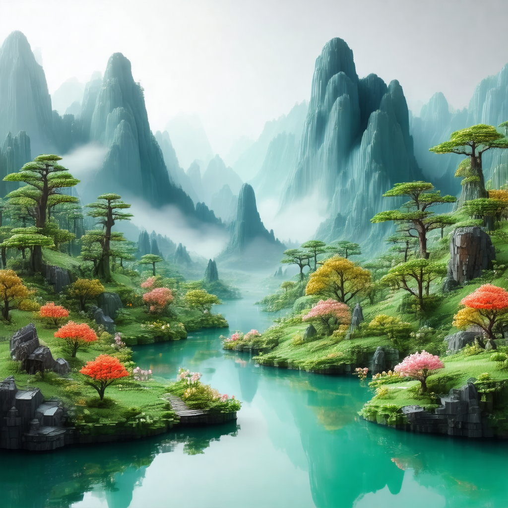 Beautifully drawn, colorful painting of a mountainous lan...