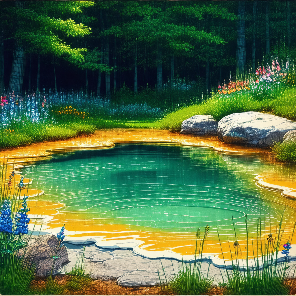 Painting of a serene forest scene with a small pond in th...