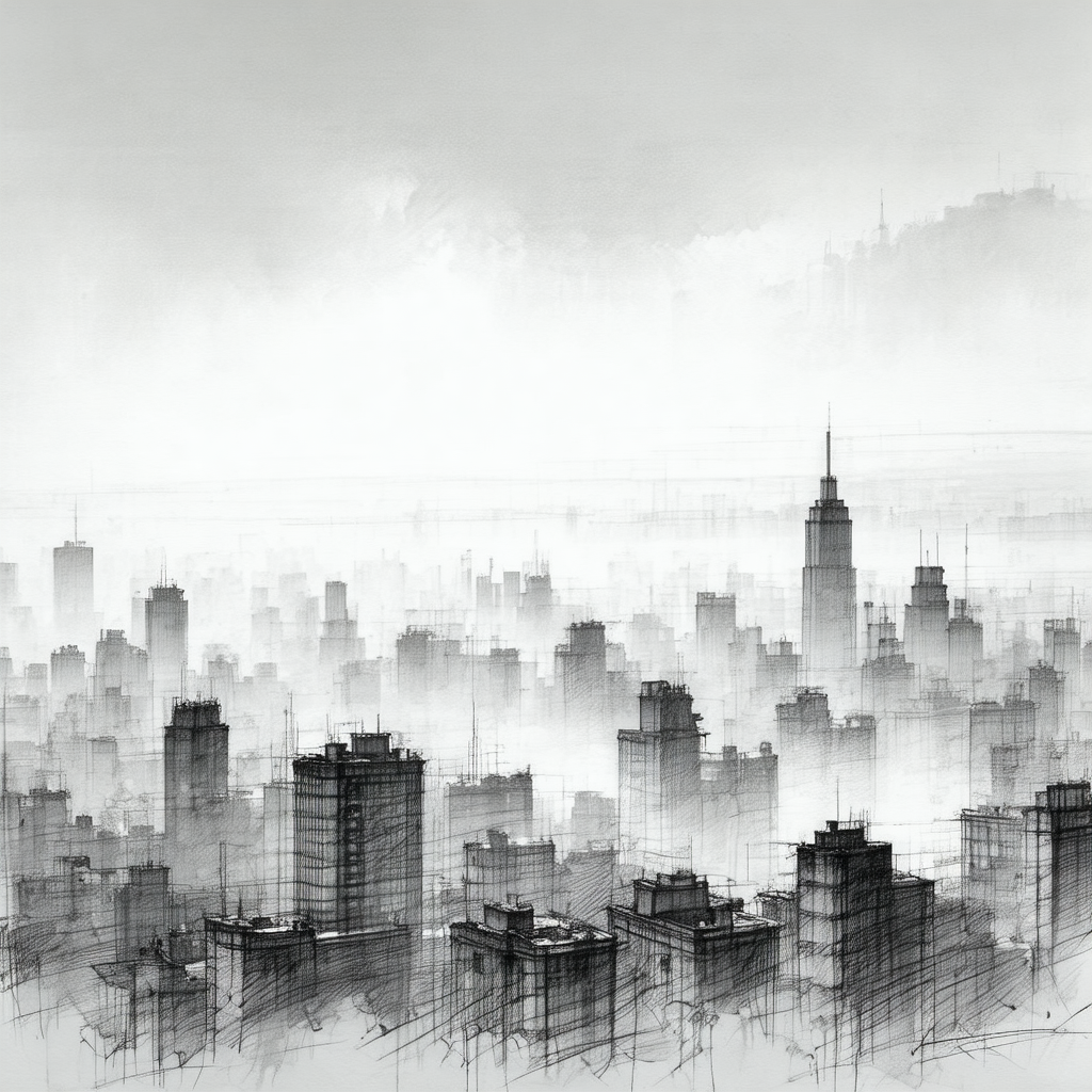 Black and white drawing of a city skyline