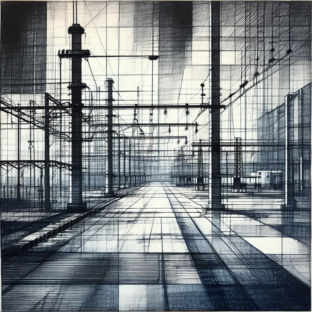Black and white drawing of a factory floor