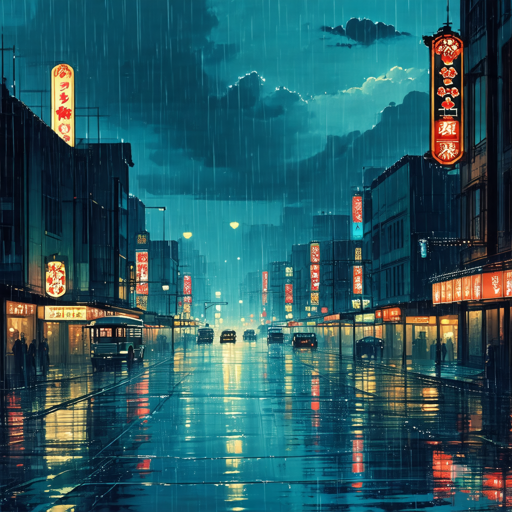 Rainy night in a city, with a street filled with cars and...