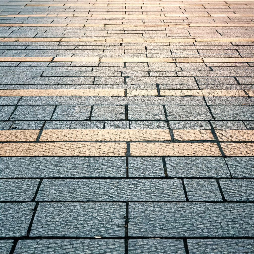 Long, narrow, and dark-colored brick walkway