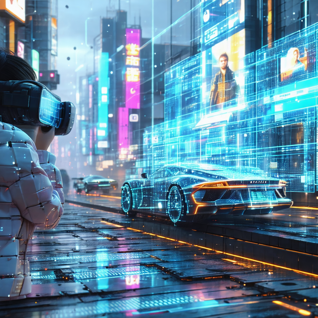 Futuristic city street with a silver sports car driving d...