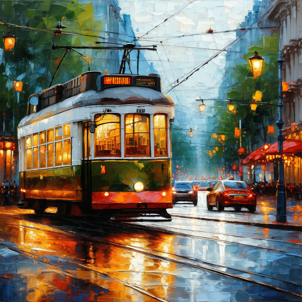City street at night, with a green and white trolley car ...