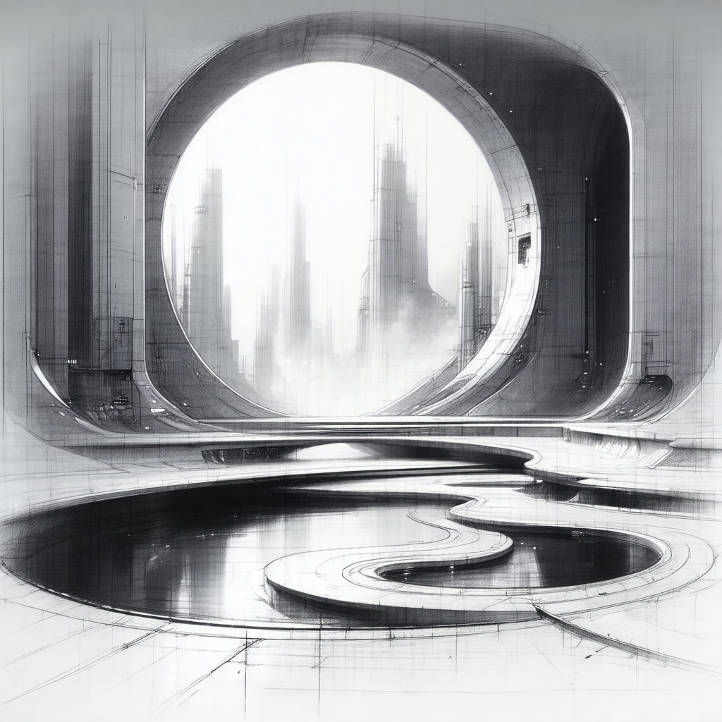 Black and white drawing of a futuristic cityscape