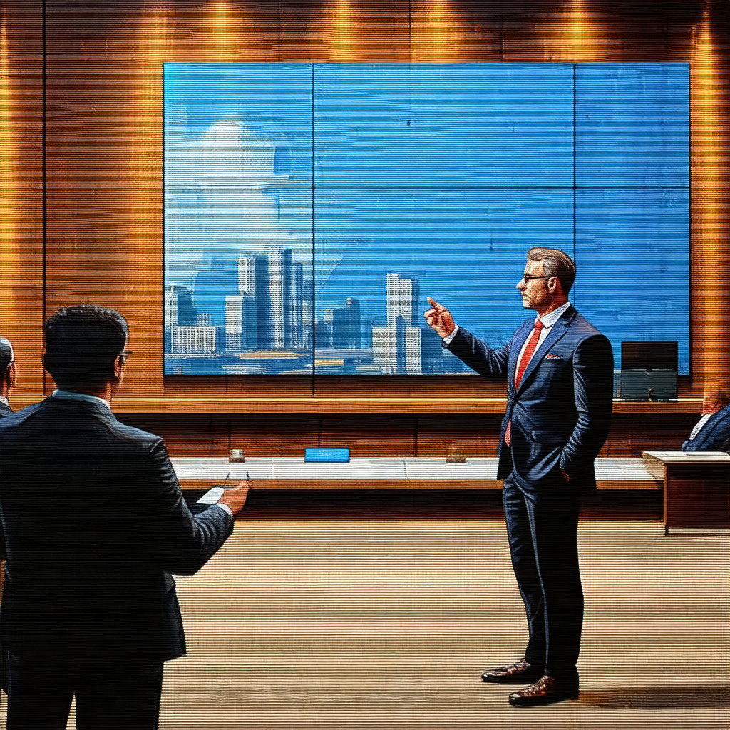 Painting of a man standing in a room, pointing at a large...