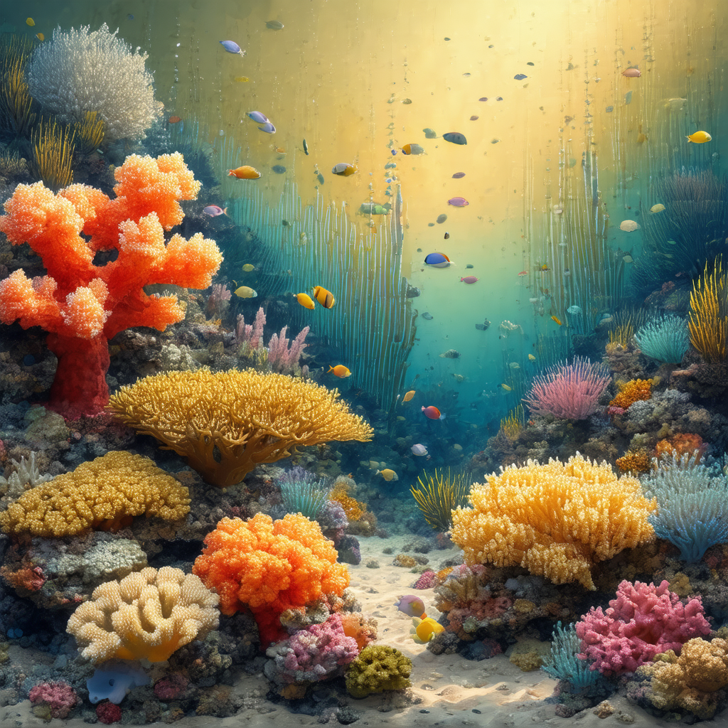 Vibrant and colorful underwater scene featuring a variety...