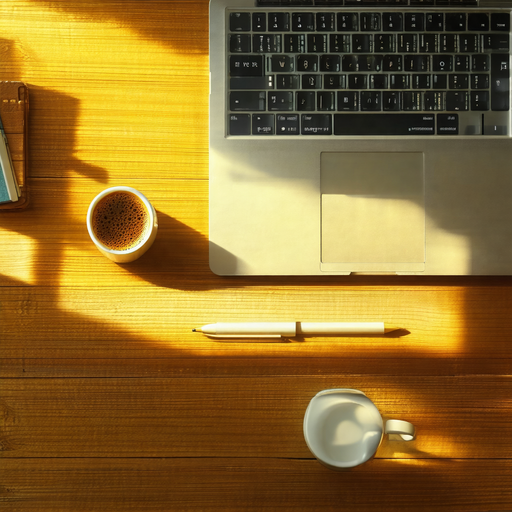 Wooden desk with a laptop computer sitting on top of it