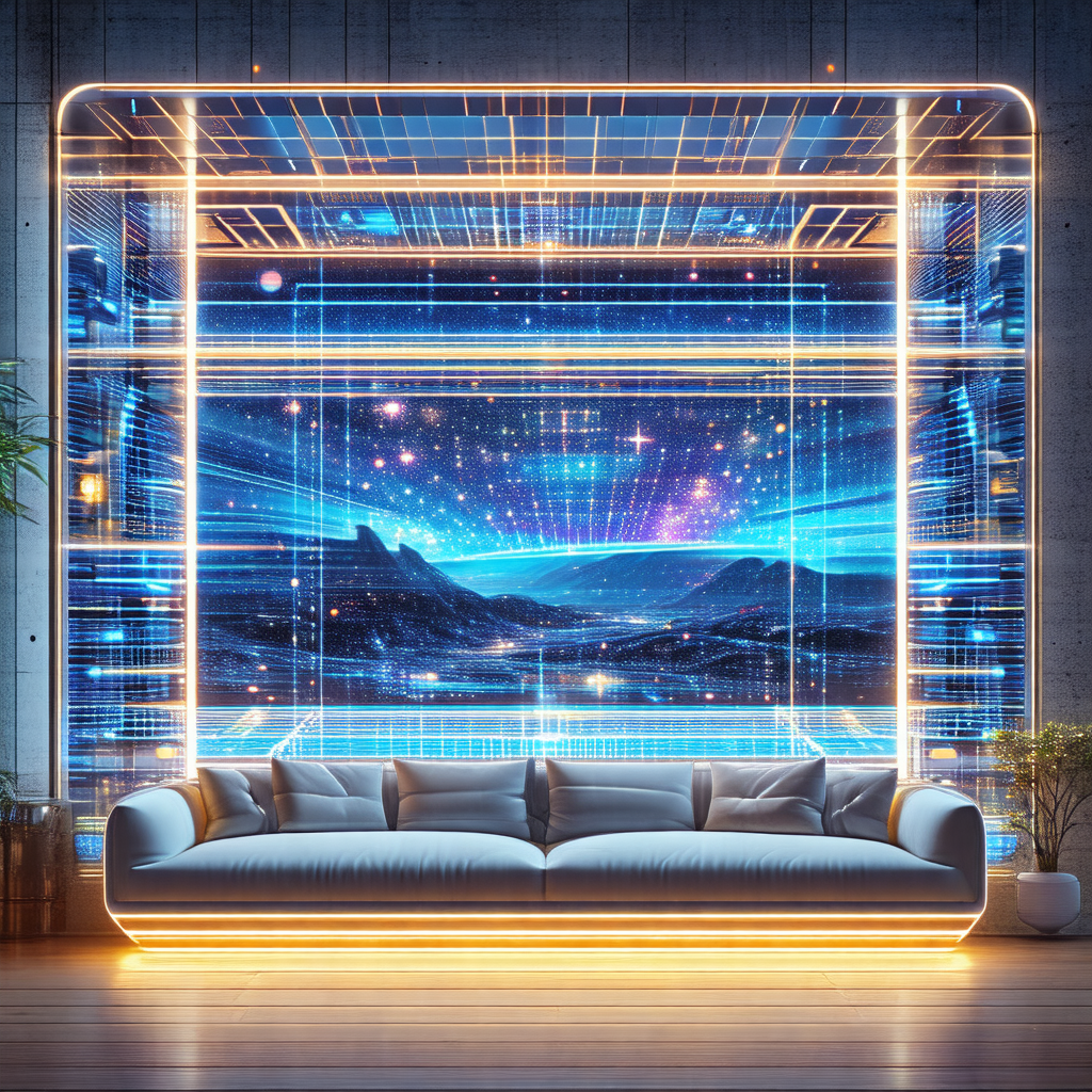 Futuristic living room with a large, illuminated wall tha...
