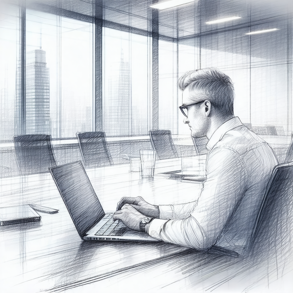 Black and white drawing of a man sitting at a desk, worki...
