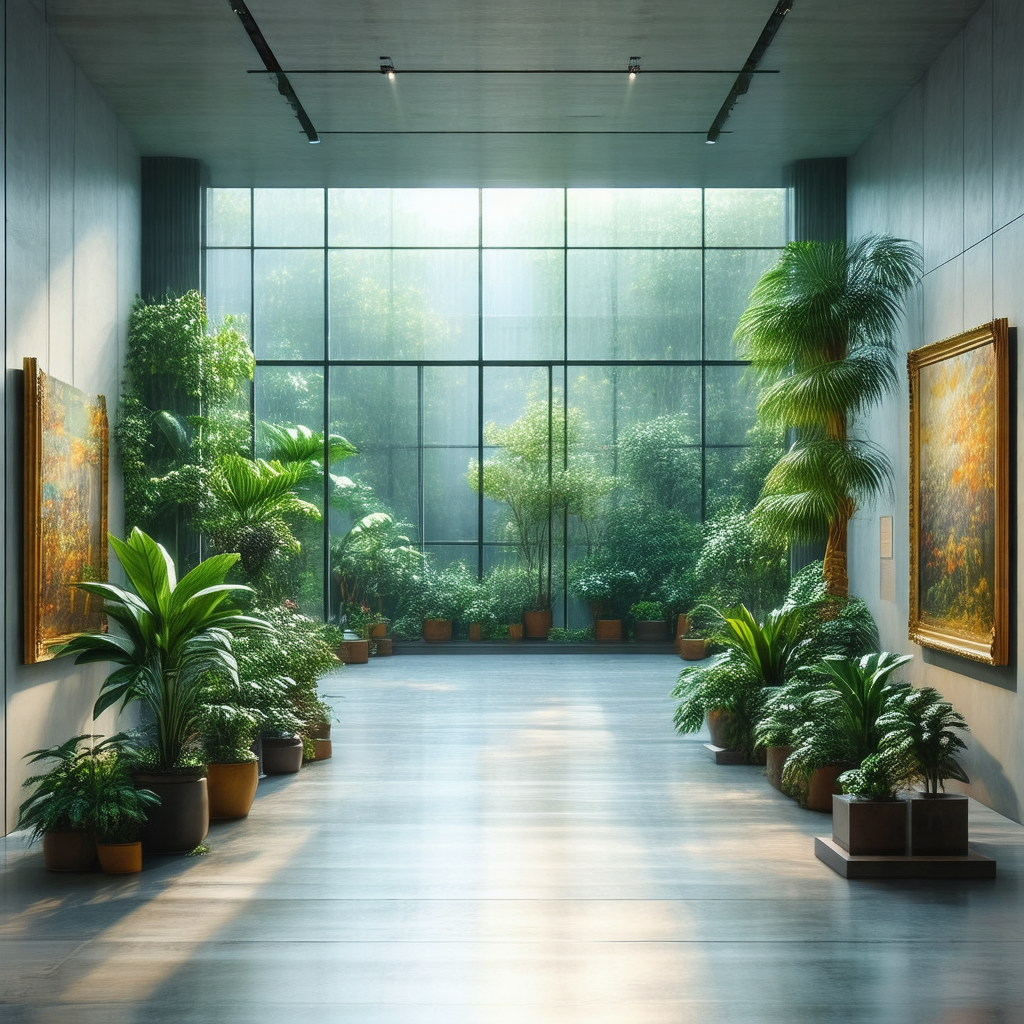 Large, open room with a variety of potted plants placed t...