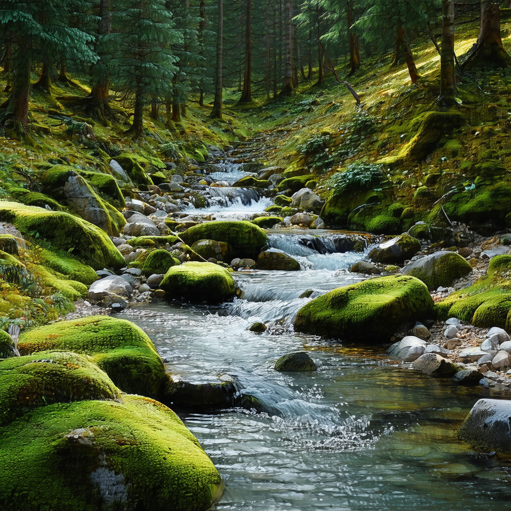 Serene scene of a small stream flowing through a forest