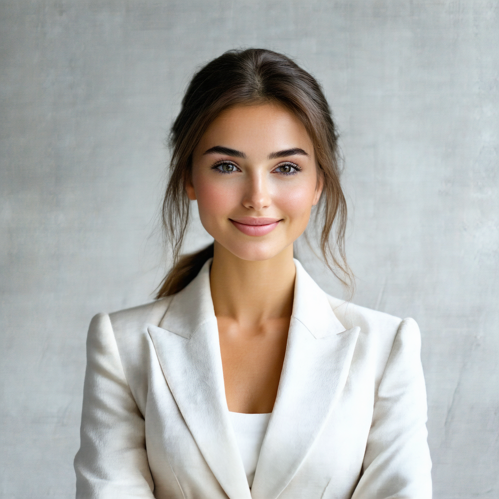 Woman wearing a white suit and a white jacket, standing i...