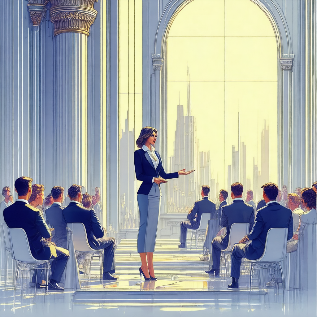 Painting of a woman standing in a large room, possibly a ...