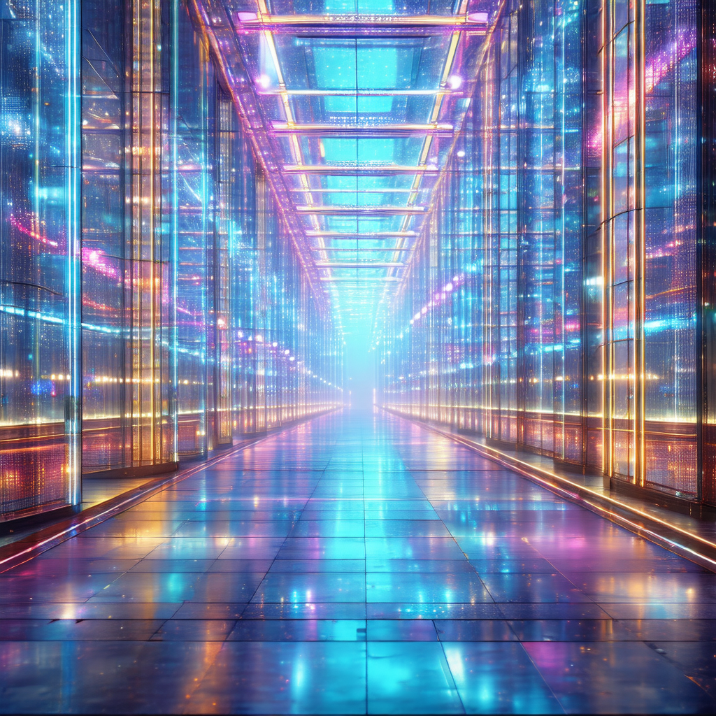 Futuristic scene featuring a long, narrow hallway with a ...