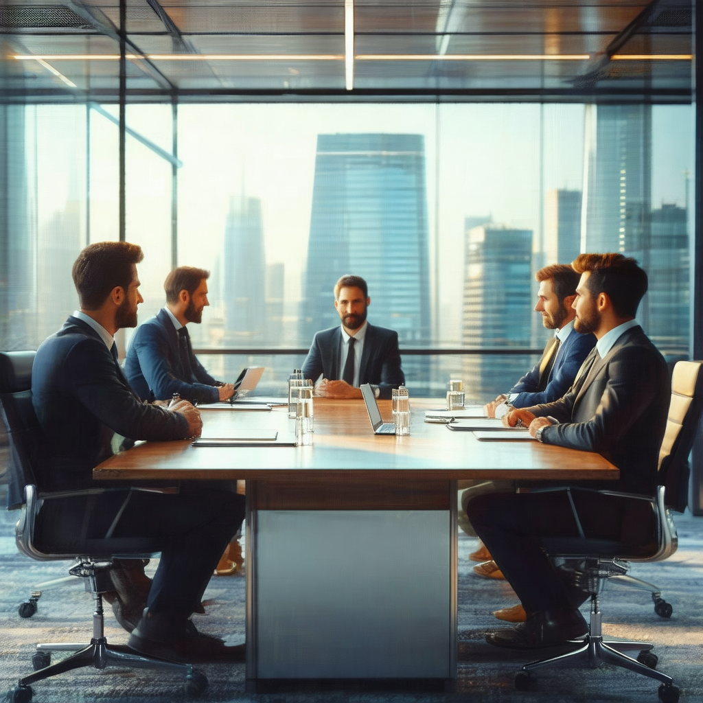 Group of men sitting around a large wooden table in a con...
